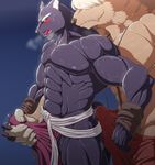  abs absurd_res armpits blue_background blush burokuso canine clothing dog erection hi_res loincloth male male/male mammal muscular pecs penis simple_background tenting 