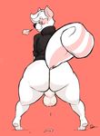  2016 anthro balls big_butt blush bottomless breath butt clothed clothing dusty-pixels eyewear fur glasses hair looking_at_viewer looking_back male mammal nargle paws rear_view simple_background skunk smile solo sweat sweater tiptoes white_fur white_hair wide_hips 