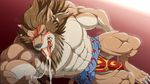  abs absurd_res armpits blush burokuso cum erection feline hi_res lion loinloth looking_at_viewer male mammal muscular orgasm pecs red_background simple_background tenting 