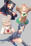  absurdres alpaca_ears alpaca_suri_(kemono_friends) animal_ears arms_up ass black-tailed_prairie_dog_(kemono_friends) blush bodysuit breasts cleavage closed_eyes commentary_request dated frilled_skirt frills fur_collar grey_background hair_over_one_eye hand_on_own_face happy highres hippopotamus_(kemono_friends) hippopotamus_ears kemono_friends kiss kokka_han large_breasts long_hair looking_back multiple_girls open_mouth otter_ears otter_tail outstretched_arms pleated_skirt prairie_dog_ears school_uniform serafuku short_hair signature simple_background skirt small-clawed_otter_(kemono_friends) smile smooch swimsuit tail thighhighs upper_body 
