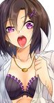  black_bra black_hair bra breasts earrings hair_ornament highres jewelry looking_at_viewer necklace open_mouth original pink_eyes shunga_(shun608) sketch small_breasts solo tongue underwear x_hair_ornament 