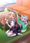  bangs beads black_bow black_hairband blonde_hair blue_eyes blunt_bangs blush bow capelet character_doll dragon_girl dragon_horns dragon_tail eyebrows_visible_through_hair fang gradient_hair hair_beads hair_ornament hairband horns kanna_kamui kobayashi-san_chi_no_maidragon kobayashi_(maidragon) lavender_hair licking low_twintails multicolored_hair multiple_girls saliva scales sitting slit_pupils tail tail_grab tail_licking tongue tooru_(maidragon) twintails wariza white_legwear yukihiro_(kimizora) 