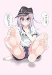  1girl absurdres aqua_eyes aqua_hair arm_support barefoot blush feet gym_uniform hand_on_own_chest hat hibiki_(kantai_collection) kantai_collection long_hair looking_at_viewer no_shoes oyumaru0 pov pov_feet sitting soles sweat toes translated 