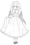  bat_wings blush commentary_request dress fang fang_out frilled_skirt frills full_body greyscale highres line_shading long_sleeves looking_at_viewer mary_janes monochrome pointy_ears remilia_scarlet shoes short_hair sketch skirt smile solo touhou waira wings 