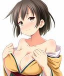  bare_shoulders blush breasts brown_eyes brown_hair cleavage collarbone hiryuu_(kantai_collection) japanese_clothes kantai_collection kimono long_sleeves looking_at_viewer medium_breasts open_clothes short_hair side_ponytail smile solo wide_sleeves yellow_kimono yuzu_tama 