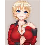  bangs blonde_hair blue_eyes braid breasts bust_cup cleavage collarbone commentary cup darjeeling darkmaya dress_shirt girls_und_panzer index_acg jacket large_breasts licking_lips lips long_sleeves looking_at_viewer military_jacket red_jacket school_uniform shirt short_hair solo spilling st._gloriana's_military_uniform teacup tied_hair tongue tongue_out twin_braids 