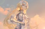  aguy armor blue_eyes breasts chain cloud cowter fate/apocrypha fate_(series) faulds fur_trim gauntlets gorget hand_on_hilt jeanne_d'arc_(fate) jeanne_d'arc_(fate)_(all) large_breasts lens_flare lips long_hair outdoors sky solo 