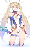  1girl bangs bare_shoulders blonde_hair blue_background blue_eyes bradamante_(fate/grand_order) braid breasts cleavage collar commentary_request covered_navel elbow_gloves enosan fate/grand_order fate_(series) french_braid gloves gradient gradient_background highres kneeling leotard long_hair looking_at_viewer smile solo thigh_strap twintails very_long_hair weapon white_background 
