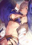  adapted_costume armpits bed_sheet bikini blue_bikini blue_eyes breasts cleavage earrings eyebrows_visible_through_hair fate/grand_order fate_(series) hair_ornament highres jewelry long_hair looking_at_viewer lying magatama medium_breasts miyamoto_musashi_(fate/grand_order) navel necklace on_back on_bed open_clothes ponytail silver_hair smile solo swimsuit thighs wide_sleeves yuran 