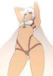  altera_(fate) armpits arms_up ass_visible_through_thighs bangs bare_arms bare_shoulders black_panties bra breasts cowboy_shot fate/extella fate/extra fate/grand_order fate_(series) from_above hometa long_hair looking_at_viewer looking_down medium_breasts navel orange_eyes panties simple_background solo standing underwear white_background white_bra white_hair 