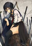  absurdres black_hair commentary_request fantasy highres katana long_sleeves looking_at_viewer looking_to_the_side original pink_eyes school_uniform serafuku short_hair shunga_(shun608) solo sword thighhighs traditional_media uniform weapon 