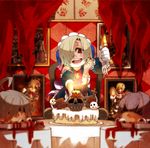  ahoge ayame_(0419) bags_under_eyes blonde_hair blood brown_eyes cake candle commentary_request eyeball food fork ghost grave hair_over_one_eye hand_print hoshi_shouko idolmaster idolmaster_cinderella_girls kawaii_boku_to_142's koshimizu_sachiko left-handed long_hair looking_at_viewer multiple_girls open_mouth portrait_(object) purple_hair red_eyes shirasaka_koume short_hair silver_hair skull smile 