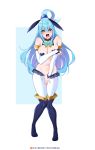  1girl animal_ears aqua_(konosuba) artist_name bare_shoulders blue_background blue_eyes blue_hair blush boots breasts bunny_ears cleavage crying crying_with_eyes_open detached_collar detached_sleeves embarrassed fake_animal_ears full_body highres kono_subarashii_sekai_ni_shukufuku_wo! large_breasts long_hair meme_attire navel open_mouth patreon_username reverse_bunnysuit reverse_outfit simple_background solo standing stomach tears thigh_boots thighhighs tofuubear tongue two-tone_background watermark white_background 