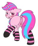  anus blush butt clitoris clothed clothing equine fan_character female feral hair half-closed_eyes horn legwear looking_back mammal my_little_pony open_mouth pink_eyes presenting pussy simple_background solo stockings sweetfilthyfun teeth tongue tongue_out unicorn white_background 
