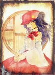  detached_sleeves dolls_in_pseudo_paradise expressionless hat label_girl_(dipp) long_hair looking_at_viewer neck_ribbon purple_eyes purple_hair ribbon shiz_(#0077) side_ponytail skirt solo touhou traditional_media watercolor_(medium) window 