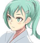  alternate_costume alternate_hairstyle aqua_eyes aqua_hair commentary green_eyes green_hair hair_ornament hair_tie hairclip highres isetta japanese_clothes kantai_collection kimono long_hair ponytail simple_background solo suzuya_(kantai_collection) upper_body white_background 