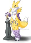  2017 anthro big_breasts blue_eyes blush breasts canine clothing digimon dildo female fox fur lube mammal nipples nude renamon sex_toy simple_background solo standing tuft white_background white_fur yellow_fur yiffmasters 