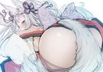  animal_ears ass ass_focus bent_over blue_eyes blush bow breasts cross-laced_clothes detached_sleeves embarrassed erune foreshortening from_behind fur_trim granblue_fantasy hair_ribbon inayama japanese_clothes kimono long_hair long_sleeves looking_at_viewer looking_back medium_breasts no_bra no_panties partially_visible_vulva raised_eyebrows ribbon side_slit sideboob silver_hair simple_background sketch sleeves_past_wrists smile socie_(granblue_fantasy) solo sweat tail tail_censor very_long_hair white_background white_hair wide_sleeves wolf_ears wolf_tail 