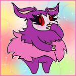  2017 aromatisse blush claws covering_face eyelashes female fur nintendo nishi nude pok&eacute;mon purple_fur pussy rainbow_background red_eyes semi-anthro shy simple_background solo sparkles video_games 