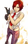  bad_perspective bare_shoulders erica_june_lahaie fire gloves hair_over_one_eye highres lipstick looking_at_viewer makeup mature midriff navel red_eyes red_hair short_hair smile solo striped striped_legwear suspenders the_king_of_fighters the_king_of_fighters_xiv vanessa_(king_of_fighters) 
