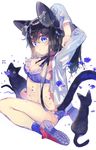  animal_ears arms_behind_back bangs black_cat black_hair black_neckwear black_ribbon blue_bra blue_eyes blue_legwear blue_panties bra cat cat_ears cat_girl cat_tail closed_mouth dress_shirt eyebrows_visible_through_hair frilled_bra frilled_panties frills from_side hair_between_eyes highres kinokoko-kino long_hair looking_at_viewer neck_ribbon open_clothes open_shirt original panties plantar_flexion ribbed_legwear ribbon shirt shoes sitting sneakers socks solo stretch tail thighs underwear wariza 