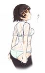  ass bangs black_hair black_legwear blush bra braid brown_eyes crown_braid eyebrows_visible_through_hair green_bra green_panties hijiri_ruka looking_at_viewer looking_back niijima_makoto panties pantyhose pantyhose_pull parted_lips persona persona_5 see-through shirt short_hair short_sleeves simple_background solo striped striped_panties sweatdrop thighs underwear wet wet_clothes wet_shirt white_background white_panties 