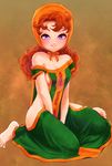 :q bangs bare_shoulders barefoot between_legs blush breasts brown_background closed_mouth collarbone curly_hair dragon_quest dragon_quest_vii feet hand_between_legs head_scarf highres long_hair looking_at_viewer magarinariya maribel_(dq7) no_bra no_panties off_shoulder orange_ribbon purple_eyes red_hair ribbon sideboob simple_background sitting small_breasts solo tongue tongue_out underboob wariza 