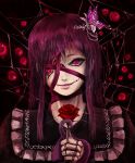  1girl ageha_(ray-k) butterfly_affection butterfly_hair_ornament chama_(painter) commentary_request doll_joints eyes flower frilled_shirt_collar frills hair_ornament holding holding_flower long_hair looking_at_viewer multiple_pupils portrait purple_eyes purple_hair purple_ribbon red_flower red_rose ribbon rose silk slit_pupils smile solo spider_web tentacle 