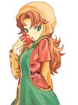  blush curly_hair dragon_quest dragon_quest_vii green_eyes hat hood kimotohiroki long_hair looking_at_viewer maribel_(dq7) open_mouth red_hair simple_background solo 