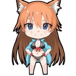  &gt;:) animal_ears bangs bikini black_bikini blue_eyes blush breasts brown_hair checkered checkered_bikini chibi cleavage closed_mouth eyebrows_visible_through_hair fox_ears fuotchan hair_between_eyes hands_on_hips large_breasts long_hair looking_at_viewer open_clothes open_shirt original shirt simple_background sleeves_rolled_up smile solo standing swimsuit v-shaped_eyebrows whisker_markings white_background 