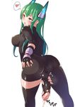  1girl ass blush bodysuit breasts combat_s-ko cum ejaculation fingerless_gloves full-package_futanari futanari grabbing_own_ass green_hair hair_ornament long_hair open_mouth penis pussy_juice red_eyes simple_background solo sweat testicles torn_bodysuit torn_clothes uncensored 