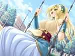  1girl blonde_hair blush breasts elf elf_ears game_cg green_eyes large_breasts minna_daisuki_kozukuri_banchou outdoors pregnant sylphietta 