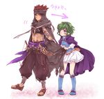  1girl bandages blue_eyes cape couple fingerless_gloves fire_emblem fire_emblem:_rekka_no_ken fire_emblem_heroes gameplay_mechanics gloves grabbing grabbing_from_behind green_hair hairband hetero jaffar_(fire_emblem) nino_(fire_emblem) ponac red_eyes red_hair short_hair skirt smile tattoo translated weapon 