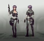  1girl ammunition ankle_boots belt bob_cut bodysuit breasts character_sheet cleavage crop_top cropped_jacket cyborg fingerless_gloves full_body ghost_in_the_shell ghost_in_the_shell_stand_alone_complex ghost_in_the_shell_stand_alone_complex_first_assault gloves gun holster kusanagi_motoko large_breasts lavender_hair multiple_views neon_trim open_collar pouch purple_hair red_eyes short_hair solo thigh_strap turnaround unzipped weapon wedge_heels 