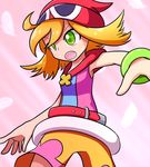  1girl amitie amitie_(puyopuyo) blonde_hair bracelet feathers flat_chest green_eyes puyopuyo puyopuyo_fever red_hat short_hair shorts simple_background solo 