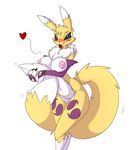  &lt;3 blush breasts digimon female fluffy fluffy_tail fur looking_at_viewer nipples renamon simple_background solo tongue tongue_out white_background white_fur wouhlven yellow_fur 