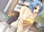  1boy 1girl blue_hair blush breasts game_cg green_eyes large_breasts leaning manami_kiryuu minna_daisuki_kozukuri_banchou nipples shocked toumi_shizuki under_skirt 