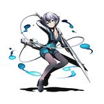  aqua_eyes aqua_shorts arm_up black_legwear bow breasts cleavage collarbone divine_gate earrings eyebrows_visible_through_hair full_body hair_bow head_tilt holding holding_sword holding_weapon jewelry looking_at_viewer murasame_(divine_gate) necklace official_art over_shoulder pantyhose pantyhose_under_shorts shadow short_hair shorts silver_hair small_breasts solo sword transparent_background ucmm weapon weapon_over_shoulder 