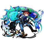  blue_eyes blue_scarf boots coat cross-laced_footwear divine_gate dragon full_body gloves green_eyes grin hat hat_over_one_eye heterochromia index_finger_raised lace-up_boots looking_at_viewer male_focus marc_(divine_gate) official_art paintbrush red_hair riding scarf smile solo sun transparent_background ucmm white_gloves 