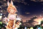  :d ^_^ absurdres animal_ears bangs blonde_hair blouse blurry blush breasts closed_eyes cloud cloudy_sky commentary_request depth_of_field elbow_gloves evening eyebrows_visible_through_hair facing_viewer floating_hair gloves hair_between_eyes high-waist_skirt highres kemono_friends medium_breasts night night_sky open_mouth outdoors outstretched_hand serval_(kemono_friends) serval_ears serval_print serval_tail short_hair skirt sky sleeveless smile solo tail thighhighs uneune white_blouse white_gloves |d 