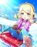  ahoge blonde_hair blue_pants cloud day earmuffs eyebrows_visible_through_hair green_eyes idolmaster idolmaster_cinderella_girls kuudere lens_flare official_art open_mouth pants pink_coat plaid platinum_blonde_hair sky sled sledding snow solo tree twintails winter yusa_kozue 