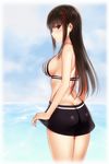  ass back bangs bikini bikini_skirt black_hair blush breasts cowboy_shot eyebrows_visible_through_hair from_behind green_eyes hijiri_ruka long_hair looking_at_viewer medium_breasts ocean outdoors parted_lips persona persona_5 profile sideboob skirt skirt_lift solo swimsuit thighs tougou_hifumi 