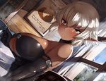  bare_shoulders belt breasts cleavage commentary_request cup dark_elf dark_skin de-chan_(lolicept) dutch_angle elbow_gloves elf english gloves large_breasts lolicept looking_at_viewer original pointy_ears solo sweatdrop teacup underboob white_hair 