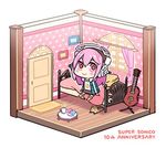  :&gt; bed cat character_name chibi commentary_request cup door floorplan food full_body guitar hair_between_eyes headphones hood hoodie instrument long_hair lowres macaron minoa_(lastswallow) mug nitroplus pink_hair red_eyes room star star_print super_sonico text_focus window 