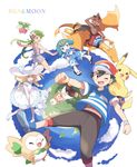  3girls alolan_form alolan_vulpix baseball_cap black_hair blonde_hair blue_eyes blue_hair bounsweet braid capri_pants charizard dark_skin dark_skinned_male dress flower from_behind gen_1_pokemon gen_7_pokemon green_eyes green_hair hair_flower hair_ornament hairband hat highres kaki_(pokemon) lillie_(pokemon) long_hair maamane_(pokemon) mao_(pokemon) mei_(maysroom) multicolored_hair multiple_boys multiple_girls one_eye_closed open_mouth orange_hair overalls pants pikachu pokemon pokemon_(anime) pokemon_(creature) pokemon_sm_(anime) popplio red_hair red_hat red_shorts riding rowlet sandals satoshi_(pokemon) shirt short_hair short_sleeves shorts sleeveless sleeveless_dress striped striped_shirt suiren_(pokemon) sun_hat togedemaru trial_captain twin_braids white_dress white_hat z-ring 