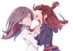  &gt;_&lt; blush bokujoukun bright_pupils brown_hair closed_eyes collared_shirt commentary confession dress from_side hair_tie holding_hand holding_hands kagari_atsuko little_witch_academia long_hair long_sleeves multiple_girls open_mouth pale_skin pink_hair red_eyes shirt shouting sidelocks simple_background sucy_manbavaran sweat teeth topknot upper_body white_background wide-eyed wide_sleeves wing_collar yuri 