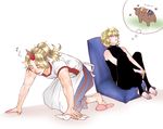  apron bear between_legs blonde_hair cleaning closed_eyes eighth_note eyebrows eyebrows_visible_through_hair frown hair_between_eyes hand_between_legs horn hoshiguma_yuugi imagining miyamoto_(dominocube6) mizuhashi_parsee multiple_girls muscle muscular_female musical_note oni pointy_ears ponytail rag sitting slippers smile spoken_musical_note thought_bubble touhou waist_apron 