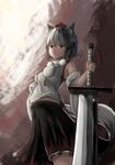  animal_ears arched_back armpits bad_id bad_pixiv_id blurry depth_of_field detached_sleeves frown hat highres inubashiri_momiji looking_at_viewer midriff_peek outdoors red_eyes red_skirt short_hair silver_hair skirt solo sword tokin_hat touhou weapon wolf_ears yukitourou 