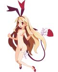  1girl :d blonde_hair blush demon_girl demon_tail demon_wings disgaea disgaea_d2 earrings fang female flat_chest flonne flonne_(fallen_angel) full_body hair_ornament hair_ribbon harada_takehito high_heels jewelry leg_ribbon long_hair looking_at_viewer navel nipples nude open_mouth photoshop pointy_ears pussy red_eyes ribbon shoes simple_background smile solo tail tail_ribbon uncensored white_background wings 