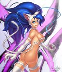  &gt;:) ahoge animal_ears artist_name ass big_hair blue_eyes blue_hair breasts cat_ears cat_girl cat_paws cat_tail claws collarbone commentary cowboy_shot fang felicia from_side huge_ahoge hybridmink large_breasts long_hair looking_at_viewer looking_to_the_side no_panties parted_lips paws revealing_clothes signature smile solo tail thighhighs v-shaped_eyebrows vampire_(game) very_long_hair white_legwear 